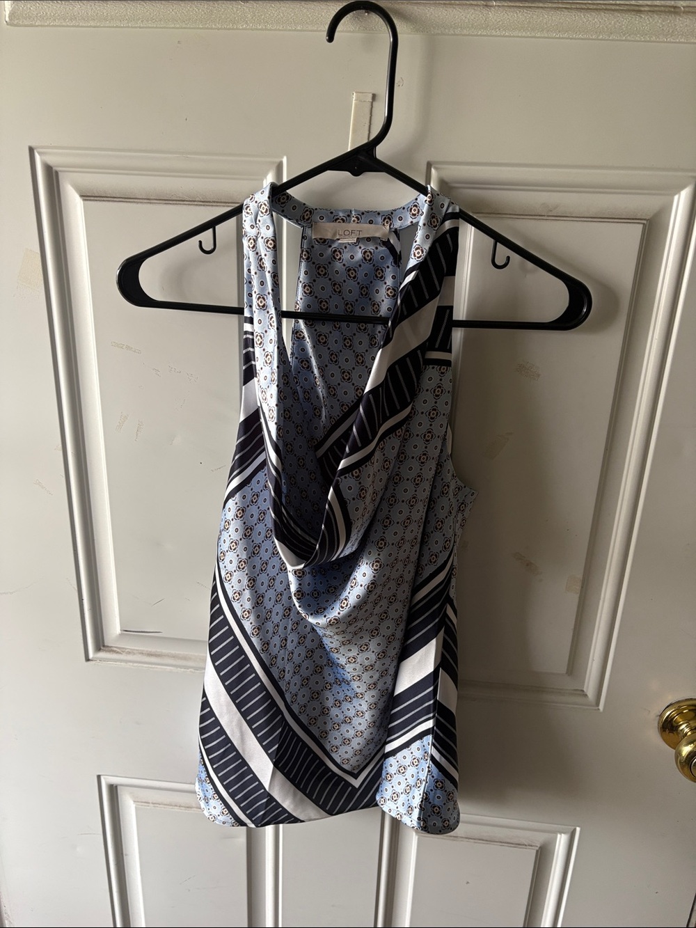 LOFT Light Blue and Navy Cowl Neck Sleeveless Top